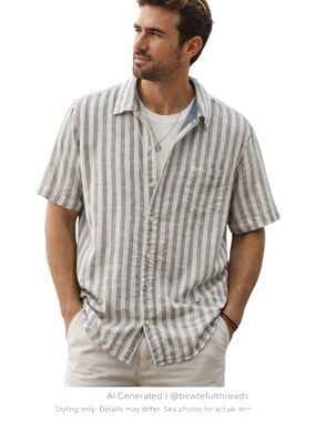 Coastal Linen Stripe Camp Shirt Relaxed Resort Summer XL